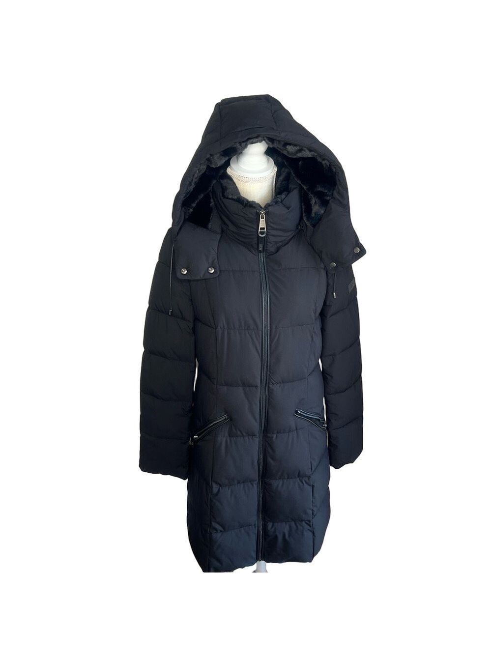 DNKY NEW Women's Puffer Faux Fur Trim Removable Hood Coat Size Medium